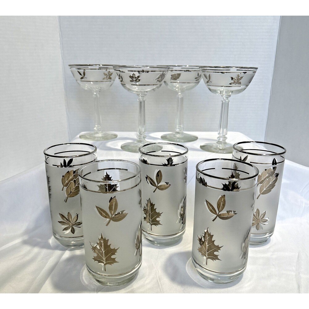 Vintage Libbey Silver Leaf Glassware Set 9pc MCM Frosted Tumbler Cocktail Coupe